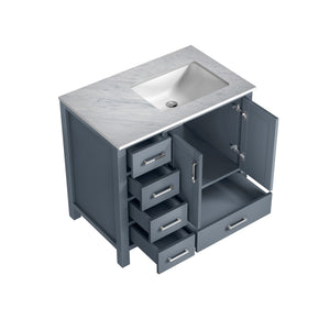 Lexora Jacques LJ342236SBDS000-R 36" Single Bathroom Vanity in Dark Grey with White Carrara Marble, White Rectangle Sink on Right, Open Doors and Drawers