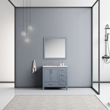Load image into Gallery viewer, Lexora Jacques LJ342236SBDS000-L 36&quot; Single Bathroom Vanity in Dark Grey with White Carrara Marble, White Rectangle Sink on Left, Rendered with Mirror