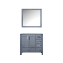 Load image into Gallery viewer, Lexora Jacques LJ342236SBDS000-L 36&quot; Single Bathroom Vanity in Dark Grey with White Carrara Marble, White Rectangle Sink on Left, with Mirror