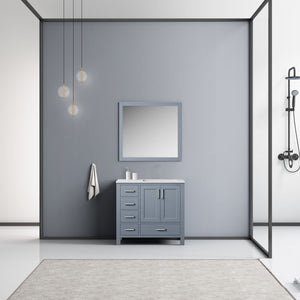 Lexora Jacques LJ342236SBDS000-R 36" Single Bathroom Vanity in Dark Grey with White Carrara Marble, White Rectangle Sink on Right, Rendered with Mirror