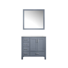 Load image into Gallery viewer, Lexora Jacques LJ342236SBDS000-R 36&quot; Single Bathroom Vanity in Dark Grey with White Carrara Marble, White Rectangle Sink on Right, with Mirror