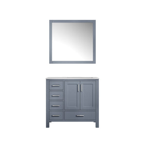 Lexora Jacques LJ342236SBDS000-R 36" Single Bathroom Vanity in Dark Grey with White Carrara Marble, White Rectangle Sink on Right, with Mirror