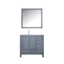 Load image into Gallery viewer, Lexora Jacques LJ342236SBDS000-L 36&quot; Single Bathroom Vanity in Dark Grey with White Carrara Marble, White Rectangle Sink on Left, with Mirror and Faucet