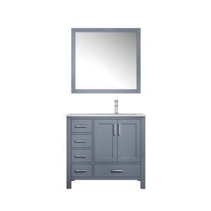 Lexora Jacques LJ342236SBDS000-R 36" Single Bathroom Vanity in Dark Grey with White Carrara Marble, White Rectangle Sink on Right, with Mirror and Faucet