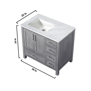 Lexora Jacques LJ342236SDDS000-L 36" Single Bathroom Vanity in Distressed Grey with White Carrara Marble, White Rectangle Sink on Left, Vanity Dimensions