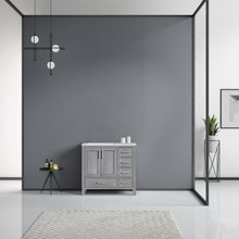 Load image into Gallery viewer, Lexora Jacques LJ342236SDDS000-L 36&quot; Single Bathroom Vanity in Distressed Grey with White Carrara Marble, White Rectangle Sink on Left, Rendered Front View