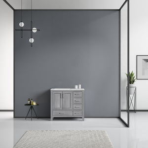 Lexora Jacques LJ342236SDDS000-L 36" Single Bathroom Vanity in Distressed Grey with White Carrara Marble, White Rectangle Sink on Left, Rendered Front View