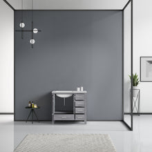 Load image into Gallery viewer, Lexora Jacques LJ342236SDDS000-L 36&quot; Single Bathroom Vanity in Distressed Grey with White Carrara Marble, White Rectangle Sink on Left, Rendered Open Doors
