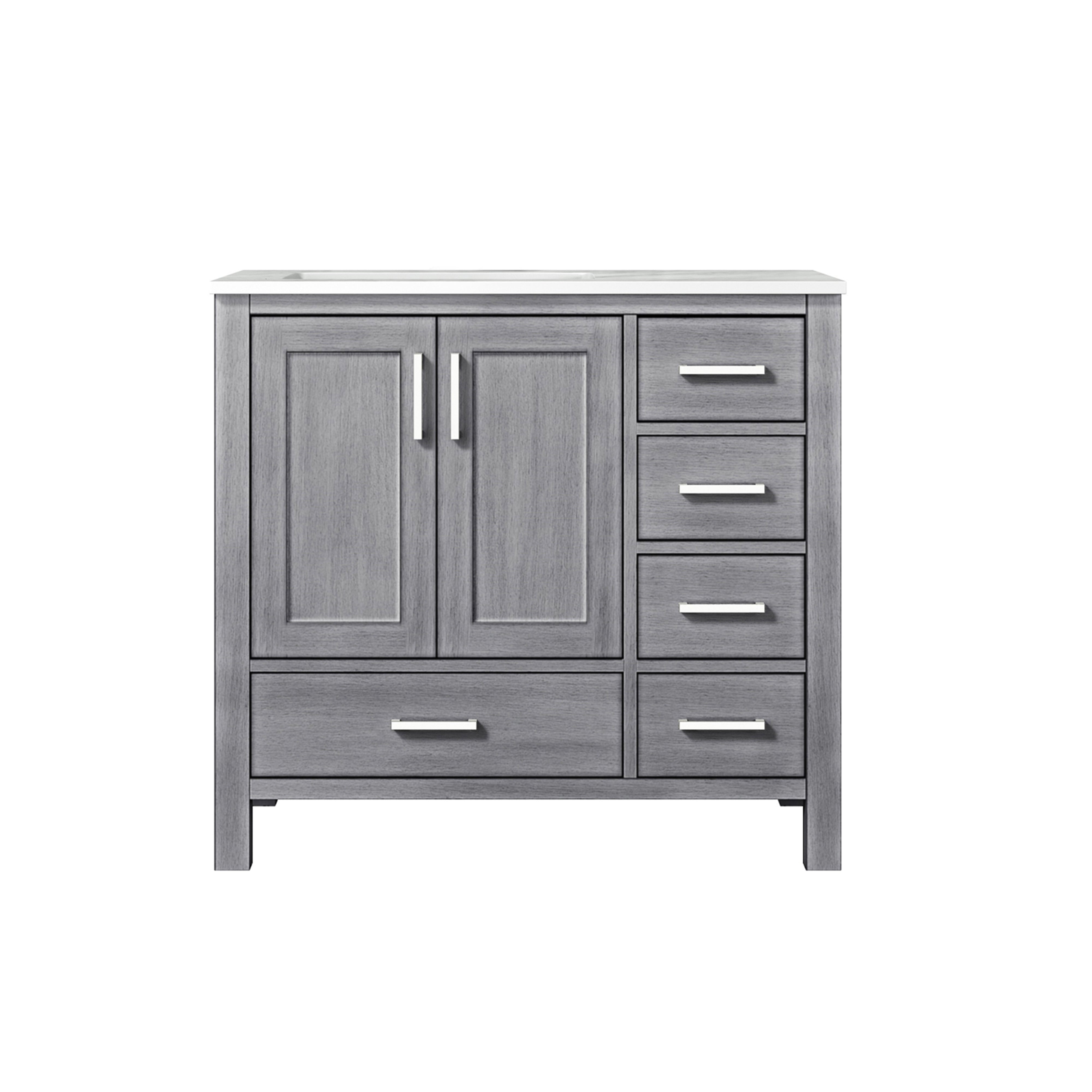 Lexora Jacques LJ342236SDDS000-L 36" Single Bathroom Vanity in Distressed Grey with White Carrara Marble, White Rectangle Sink on Left, Front View