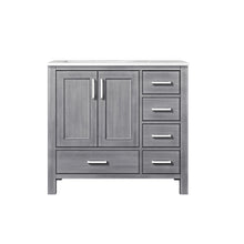 Load image into Gallery viewer, Lexora Jacques LJ342236SDDS000-L 36&quot; Single Bathroom Vanity in Distressed Grey with White Carrara Marble, White Rectangle Sink on Left, Front View