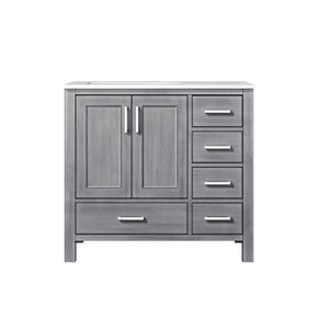 Lexora Jacques LJ342236SDDS000-L 36" Single Bathroom Vanity in Distressed Grey with White Carrara Marble, White Rectangle Sink on Left, Front View