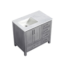 Load image into Gallery viewer, Lexora Jacques LJ342236SDDS000-L 36&quot; Single Bathroom Vanity in Distressed Grey with White Carrara Marble, White Rectangle Sink on Left, Countertop