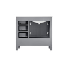 Load image into Gallery viewer, Lexora Jacques LJ342236SDDS000-L 36&quot; Single Bathroom Vanity in Distressed Grey with White Carrara Marble, White Rectangle Sink on Left, Back View