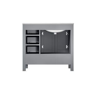 Lexora Jacques LJ342236SDDS000-L 36" Single Bathroom Vanity in Distressed Grey with White Carrara Marble, White Rectangle Sink on Left, Back View