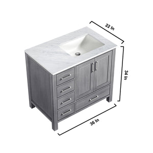 Lexora Jacques LJ342236SDDS000-R 36" Single Bathroom Vanity in Distressed Grey with White Carrara Marble, White Rectangle Sink on Right, Vanity Dimensions