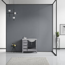 Load image into Gallery viewer, Lexora Jacques LJ342236SDDS000-R 36&quot; Single Bathroom Vanity in Distressed Grey with White Carrara Marble, White Rectangle Sink on Right, Rendered Open Doors