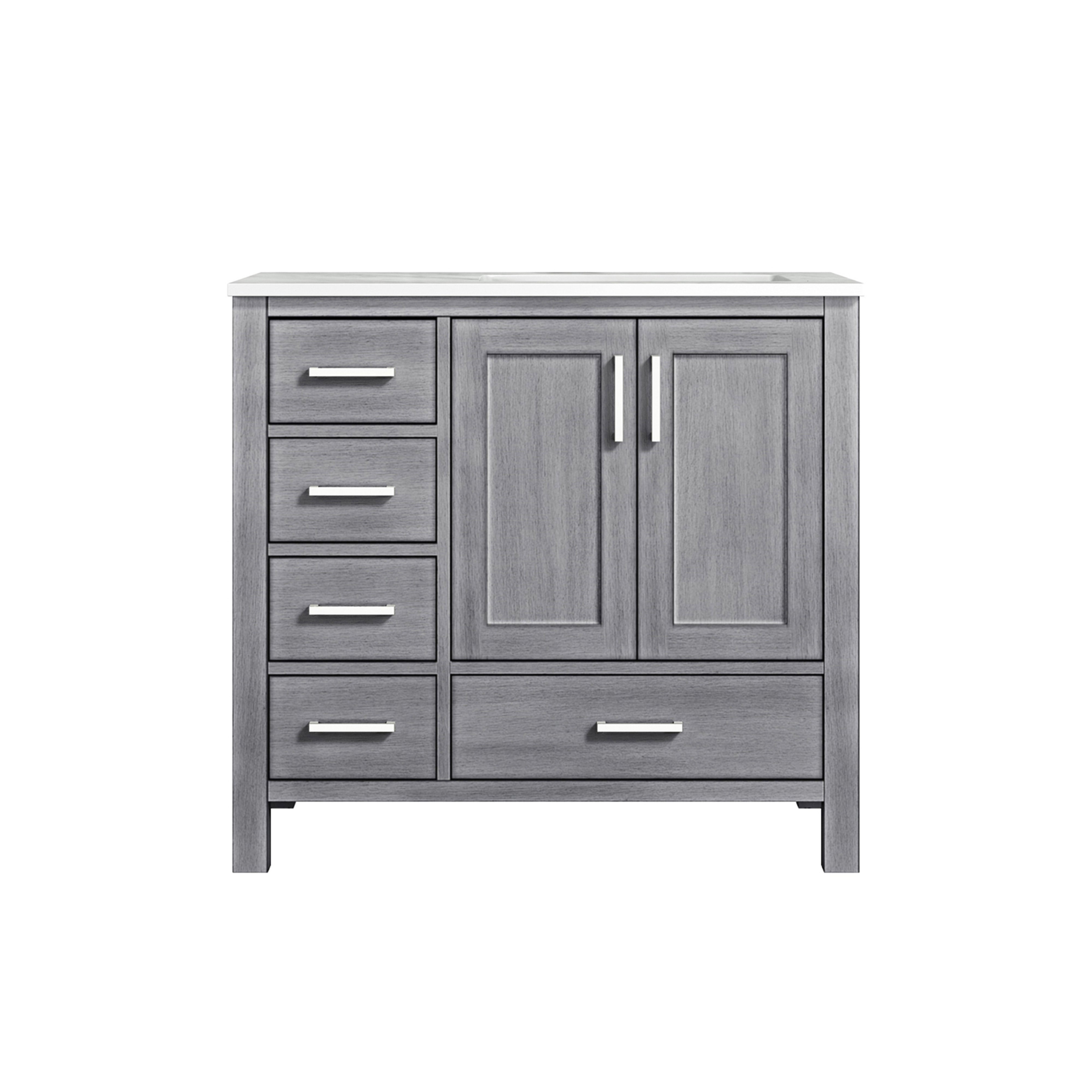 Lexora Jacques LJ342236SDDS000-R 36" Single Bathroom Vanity in Distressed Grey with White Carrara Marble, White Rectangle Sink on Right, Front VIew