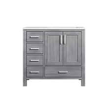 Load image into Gallery viewer, Lexora Jacques LJ342236SDDS000-R 36&quot; Single Bathroom Vanity in Distressed Grey with White Carrara Marble, White Rectangle Sink on Right, Front VIew