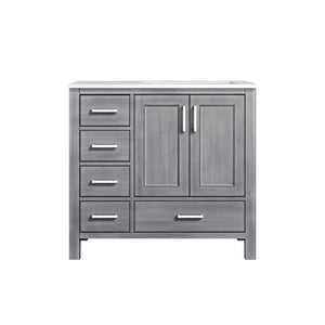Lexora Jacques LJ342236SDDS000-R 36" Single Bathroom Vanity in Distressed Grey with White Carrara Marble, White Rectangle Sink on Right, Front VIew