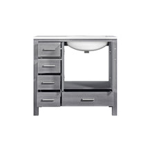 Load image into Gallery viewer, Lexora Jacques LJ342236SDDS000-R 36&quot; Single Bathroom Vanity in Distressed Grey with White Carrara Marble, White Rectangle Sink on Right, Open Doors