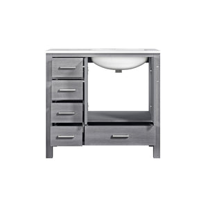 Lexora Jacques LJ342236SDDS000-R 36" Single Bathroom Vanity in Distressed Grey with White Carrara Marble, White Rectangle Sink on Right, Open Doors