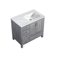 Load image into Gallery viewer, Lexora Jacques LJ342236SDDS000-R 36&quot; Single Bathroom Vanity in Distressed Grey with White Carrara Marble, White Rectangle Sink on Right, Countertop