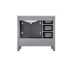 Load image into Gallery viewer, Lexora Jacques LJ342236SDDS000-R 36&quot; Single Bathroom Vanity in Distressed Grey with White Carrara Marble, White Rectangle Sink on Right, Back View