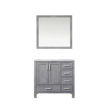 Load image into Gallery viewer, Lexora Jacques LJ342236SDDS000-L 36&quot; Single Bathroom Vanity in Distressed Grey with White Carrara Marble, White Rectangle Sink on Left, with Mirror