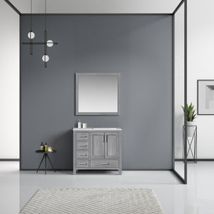 Lexora Jacques LJ342236SDDS000-R 36" Single Bathroom Vanity in Distressed Grey with White Carrara Marble, White Rectangle Sink on Right, Rendered with Mirror
