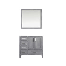 Load image into Gallery viewer, Lexora Jacques LJ342236SDDS000-R 36&quot; Single Bathroom Vanity in Distressed Grey with White Carrara Marble, White Rectangle Sink on Right, with Mirror