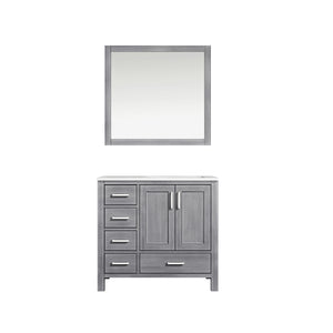 Lexora Jacques LJ342236SDDS000-R 36" Single Bathroom Vanity in Distressed Grey with White Carrara Marble, White Rectangle Sink on Right, with Mirror