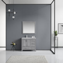 Load image into Gallery viewer, Lexora Jacques LJ342236SDDS000-L 36&quot; Single Bathroom Vanity in Distressed Grey with White Carrara Marble, White Rectangle Sink on Left, Rendered with Mirror and Faucet