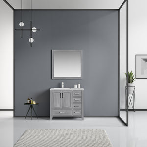 Lexora Jacques LJ342236SDDS000-L 36" Single Bathroom Vanity in Distressed Grey with White Carrara Marble, White Rectangle Sink on Left, Rendered with Mirror and Faucet