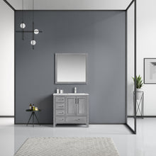 Load image into Gallery viewer, Lexora Jacques LJ342236SDDS000-R 36&quot; Single Bathroom Vanity in Distressed Grey with White Carrara Marble, White Rectangle Sink on Right, Rendered with Mirror and Faucet