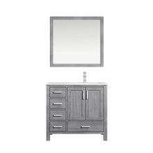 Load image into Gallery viewer, Lexora Jacques LJ342236SDDS000-R 36&quot; Single Bathroom Vanity in Distressed Grey with White Carrara Marble, White Rectangle Sink on Right, with Mirror and Faucet