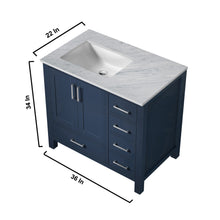 Load image into Gallery viewer, Lexora Jacques LJ342236SEDS000-L 36&quot; Single Bathroom Vanity in Navy Blue with White Carrara Marble, White Rectangle Sink on Left, Vanity Dimensions
