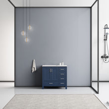 Load image into Gallery viewer, Lexora Jacques LJ342236SEDS000-L 36&quot; Single Bathroom Vanity in Navy Blue with White Carrara Marble, White Rectangle Sink on Left, Rendered Front View