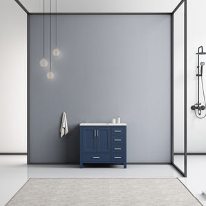Lexora Jacques LJ342236SEDS000-L 36" Single Bathroom Vanity in Navy Blue with White Carrara Marble, White Rectangle Sink on Left, Rendered Front View