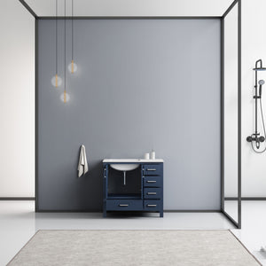 Lexora Jacques LJ342236SEDS000-L 36" Single Bathroom Vanity in Navy Blue with White Carrara Marble, White Rectangle Sink on Left, Rendered Open Doors