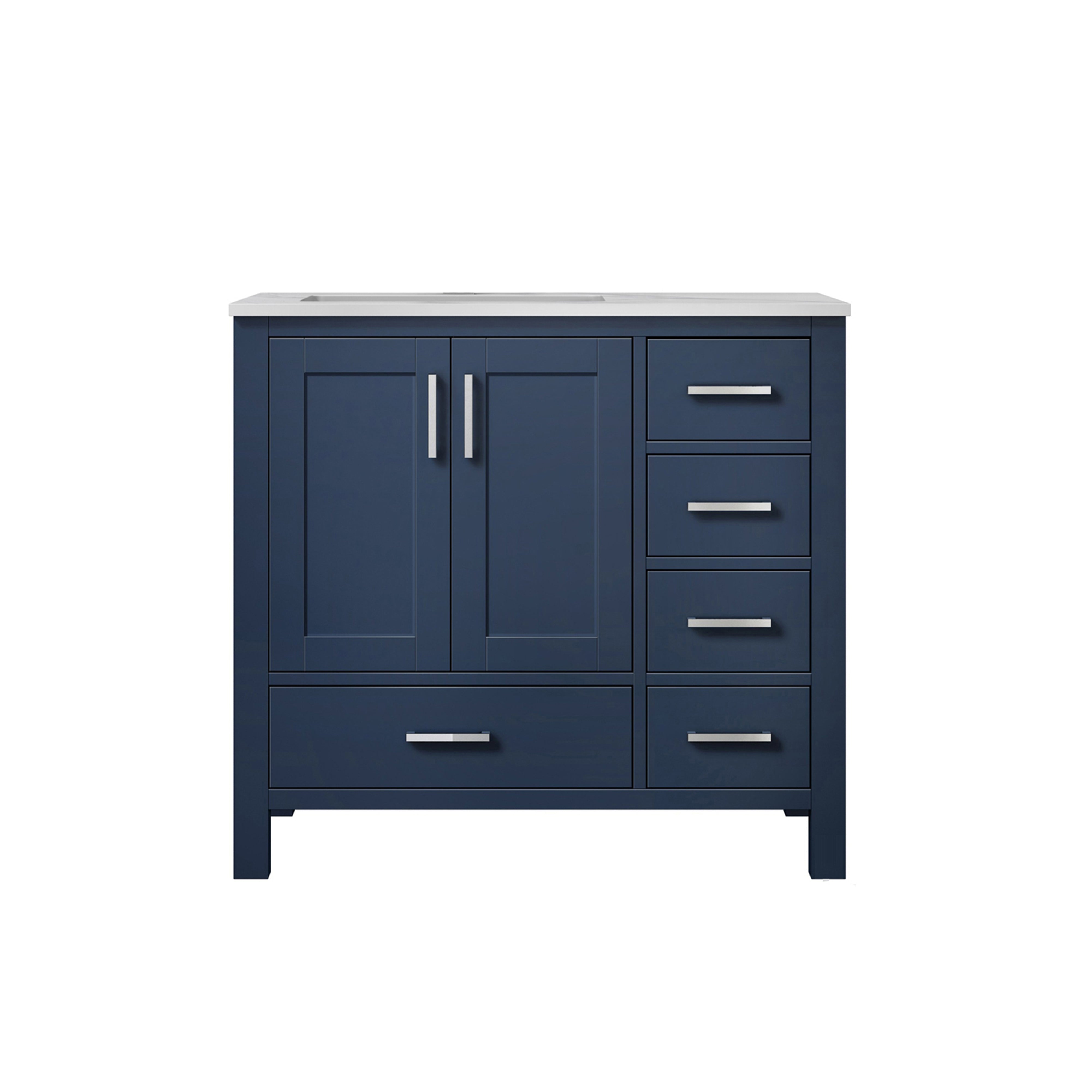 Lexora Jacques LJ342236SEDS000-L 36" Single Bathroom Vanity in Navy Blue with White Carrara Marble, White Rectangle Sink on Left, Front View