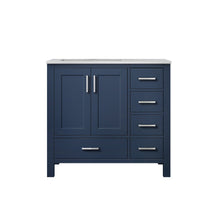 Load image into Gallery viewer, Lexora Jacques LJ342236SEDS000-L 36&quot; Single Bathroom Vanity in Navy Blue with White Carrara Marble, White Rectangle Sink on Left, Front View