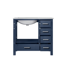 Load image into Gallery viewer, Lexora Jacques LJ342236SEDS000-L 36&quot; Single Bathroom Vanity in Navy Blue with White Carrara Marble, White Rectangle Sink on Left, Open Doors