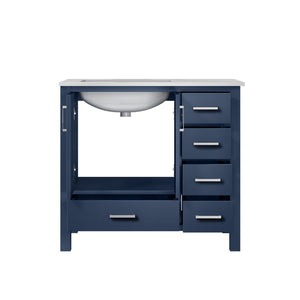 Lexora Jacques LJ342236SEDS000-L 36" Single Bathroom Vanity in Navy Blue with White Carrara Marble, White Rectangle Sink on Left, Open Doors