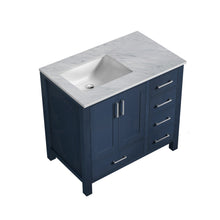 Load image into Gallery viewer, Lexora Jacques LJ342236SEDS000-L 36&quot; Single Bathroom Vanity in Navy Blue with White Carrara Marble, White Rectangle Sink on Left, Countertop