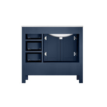 Load image into Gallery viewer, Lexora Jacques LJ342236SEDS000-L 36&quot; Single Bathroom Vanity in Navy Blue with White Carrara Marble, White Rectangle Sink on Left, Back View