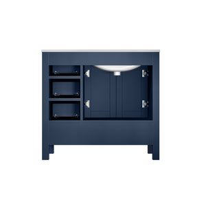 Lexora Jacques LJ342236SEDS000-L 36" Single Bathroom Vanity in Navy Blue with White Carrara Marble, White Rectangle Sink on Left, Back View