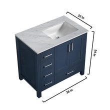 Load image into Gallery viewer, Lexora Jacques LJ342236SEDS000-R 36&quot; Single Bathroom Vanity in Navy Blue with White Carrara Marble, White Rectangle Sink on Right, Vanity Dimensions