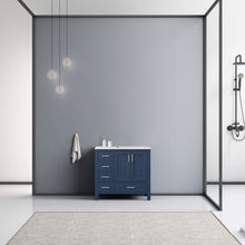 Load image into Gallery viewer, Lexora Jacques LJ342236SEDS000-R 36&quot; Single Bathroom Vanity in Navy Blue with White Carrara Marble, White Rectangle Sink on Right, Rendered Front View