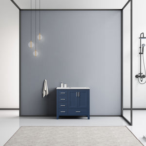 Lexora Jacques LJ342236SEDS000-R 36" Single Bathroom Vanity in Navy Blue with White Carrara Marble, White Rectangle Sink on Right, Rendered Front View
