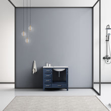 Load image into Gallery viewer, Lexora Jacques LJ342236SEDS000-R 36&quot; Single Bathroom Vanity in Navy Blue with White Carrara Marble, White Rectangle Sink on Right, Rendered Open Doors